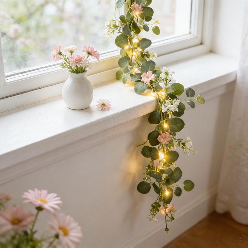 조명이 있는 인공 유칼립투스 화환, 데이지 꽃 덩굴 장 - Home Decor Daisy 리뷰 및 가격