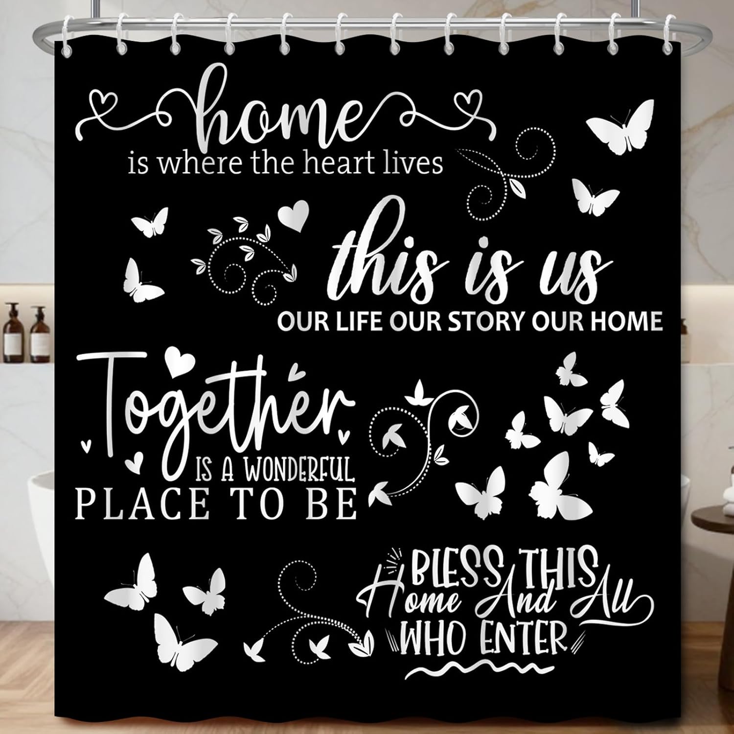 보헤미안 팜하우스 스크립트 문구 블랙 샤워 커튼 방수  - Home Decor Quotes Ideas 리뷰 및 가격