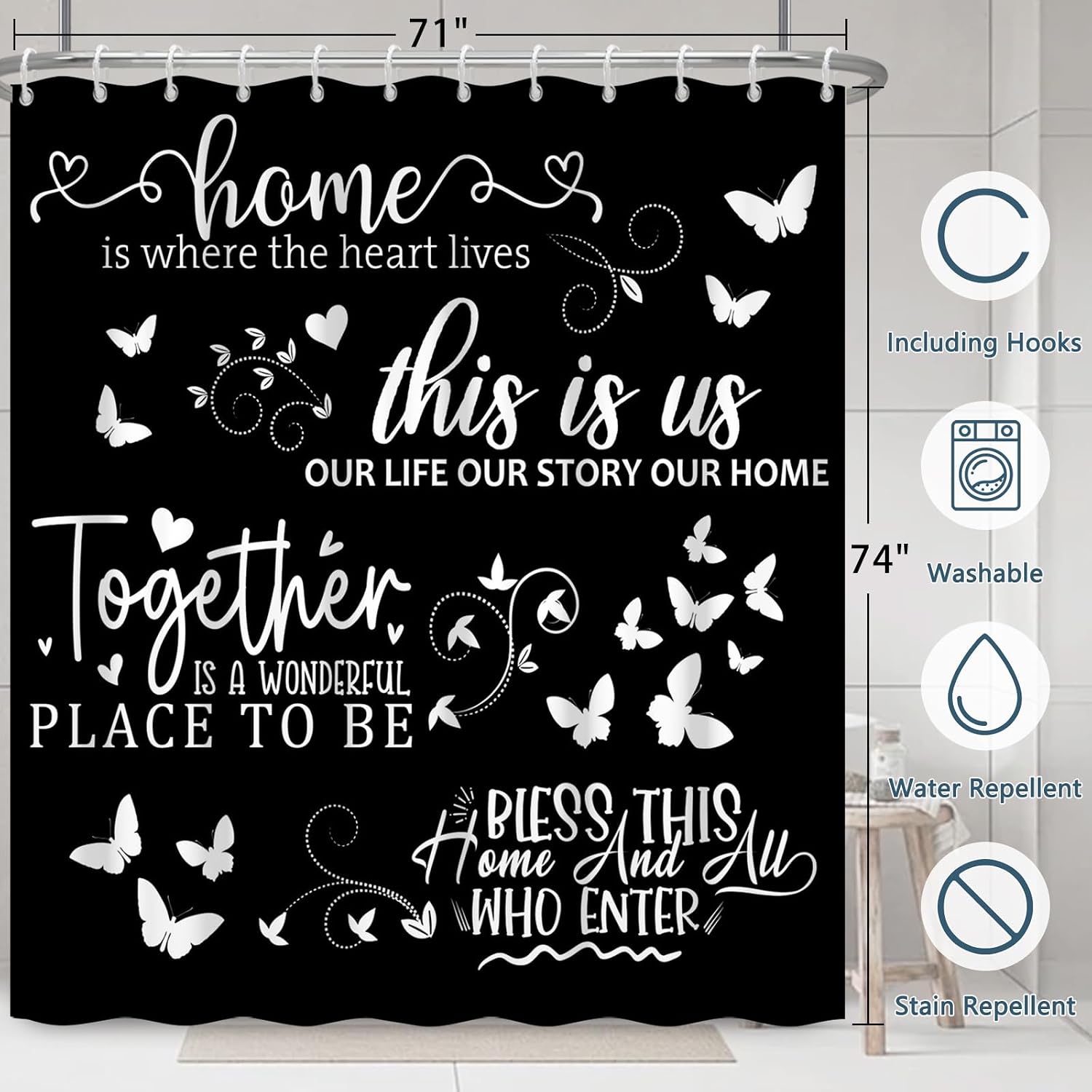 보헤미안 팜하우스 스크립트 문구 블랙 샤워 커튼 방수  - Home Decor Quotes Ideas 리뷰 및 가격